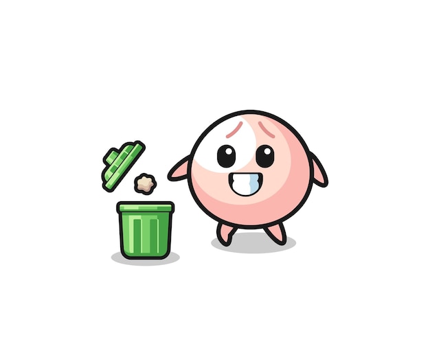 Illustration of the meatbun throwing garbage in the trash can cute design