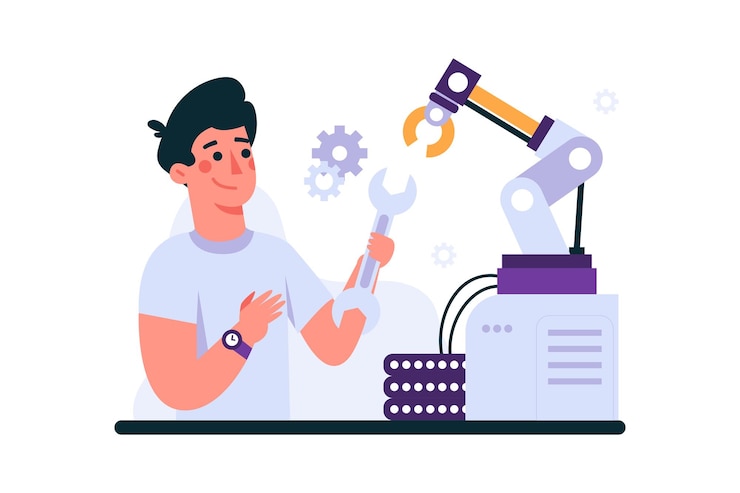 Vector illustration of a mechanic correcting a robotic hand machine