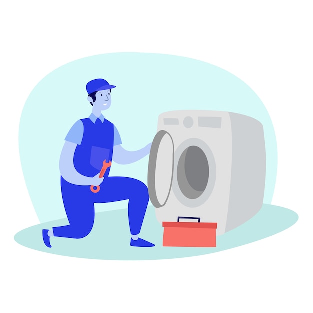 Illustration of a mechanic repairing the exhaust system of a broken washing machine