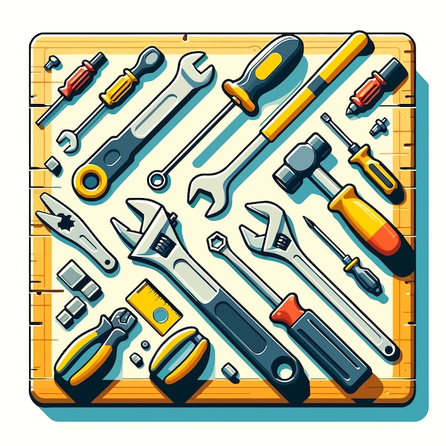 Vector illustration of mechanical workshop tools on a desk