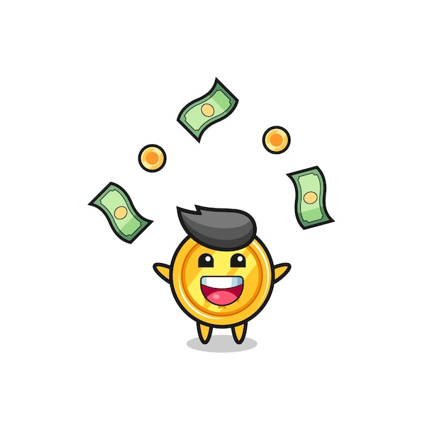 Illustration of the medal catching money falling from the sky , cute design