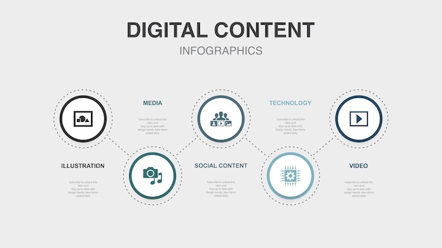 Illustration media social content technology video icons infographic design template creative concept with 5 steps