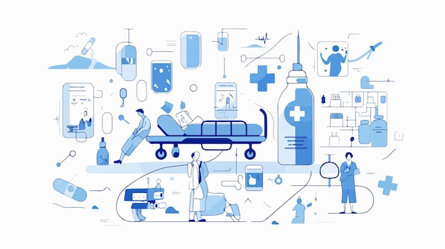 Vector an illustration of a medical theme with a blue background with illustrations of medical equipment and medical equipment