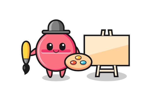 Illustration of medicine tablet mascot as a painter  cute design