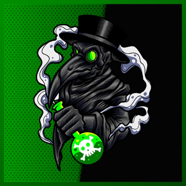 illustration of Medieval Plague Doctor with Hat, Mask, and Poison on the Dark background. Hand-drawn illustration