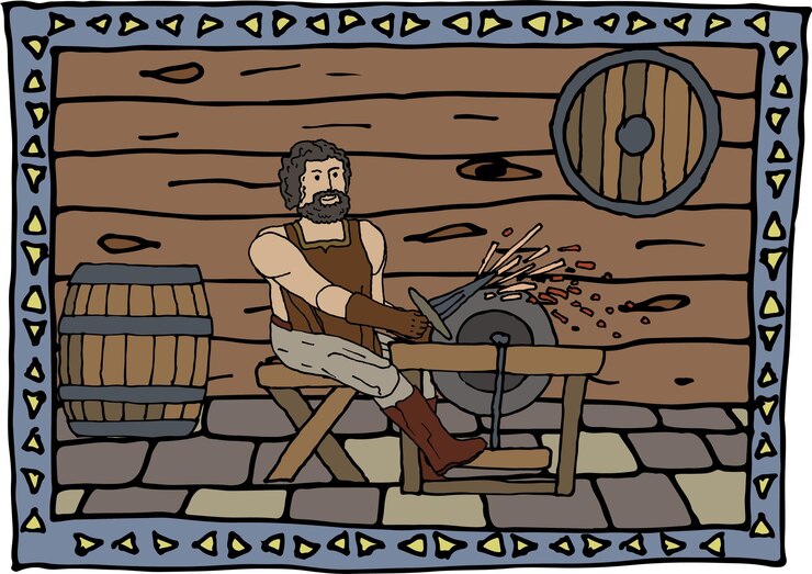 Vector illustration of medieval weapon sharpening in a stylized frame medieval forge whetstone sword