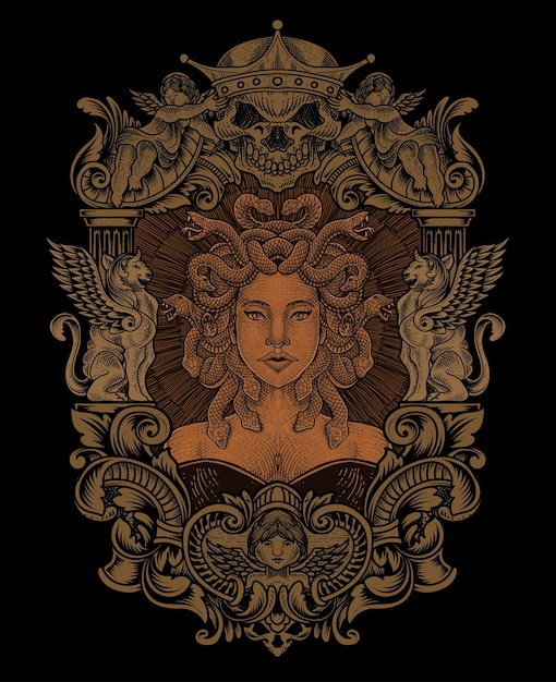 Illustration medusa head with engraving ornament frame