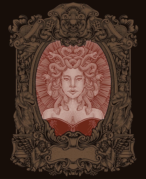 Illustration medusa head with engraving ornament frame