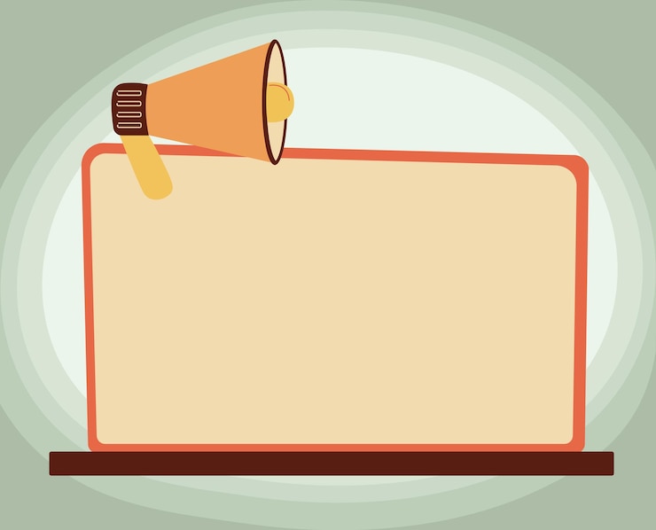 Vector illustration of megaphone on blank monitor making new amazing announcements to the public