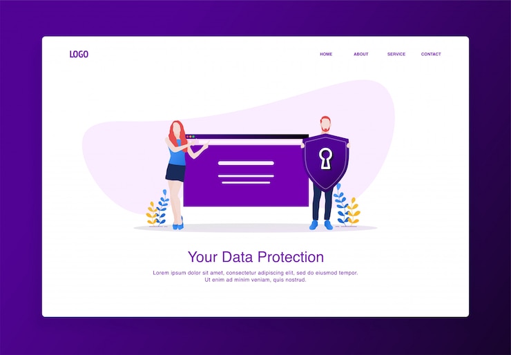 Vector illustration of men and women introduced shield security for website screen. modern flat design concept, landing page template.