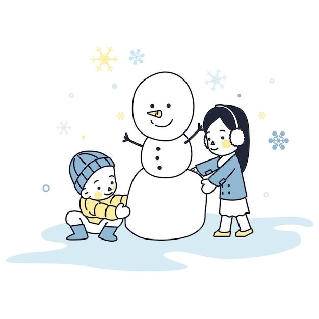 雪だるまを作る男女のイラスト