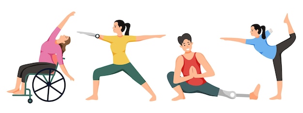 Vettore illustrazione di uomini e donne che praticano esercizi di postura yoga