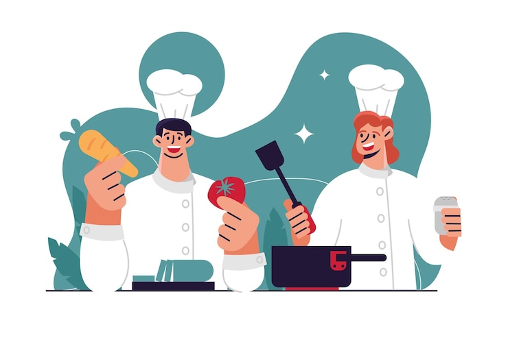 Vector illustration of men and women working as chefs