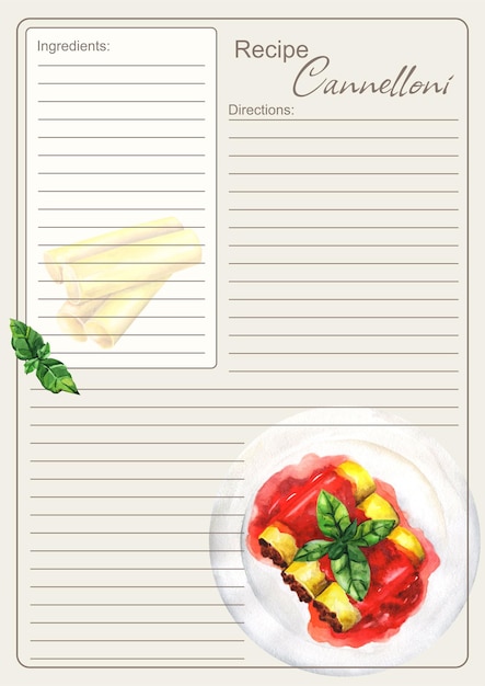 Illustration of menu. Recipe blank. Cannelloni recipe. Culinary book blank pages. Italian cuisine