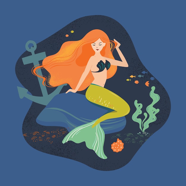 Vector illustration of a mermaid with flowing hair at the bottom of the ocean on a stone.