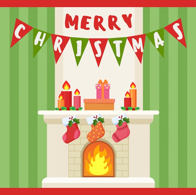 Vector illustration of merry christmas decoration and socks at fireplace