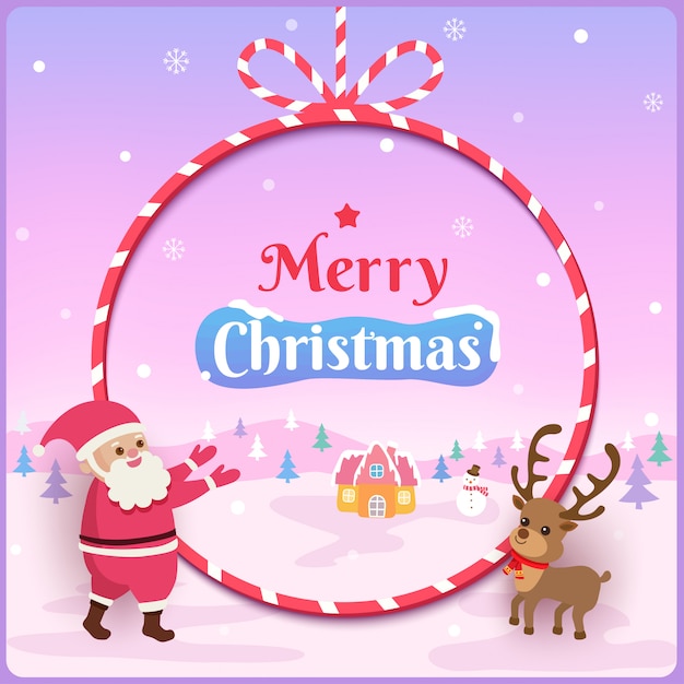 Illustration  of Merry Christmas design with santa claus and reindeer on rope frame and snowy .