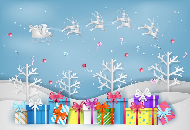 다채로운 선물 상자와 함께 메리 크리스마스와 새 해의 그림. 종이 예술과 공예