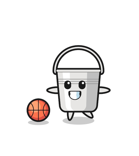 Illustration of metal bucket cartoon is playing basketball