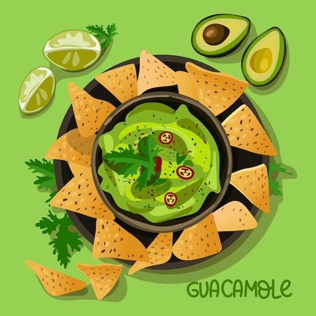 Illustration of Mexican food with spices A plate with guacamole sauce and nachos with seasonings