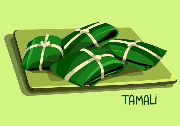 Illustration of Mexican food with spices Tamali tied in corn leaves lie on top of each other