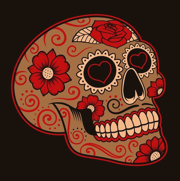  illustration of Mexican sugar skull on a dark background.Each colors are in a group