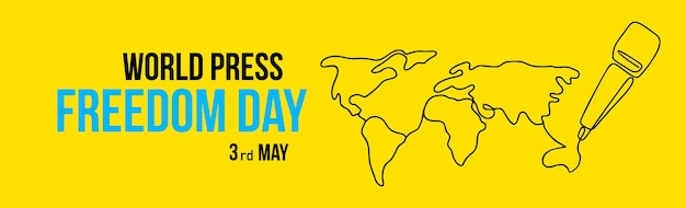 Illustration of microphone and world map for world press freedom day in line art style on yellow background