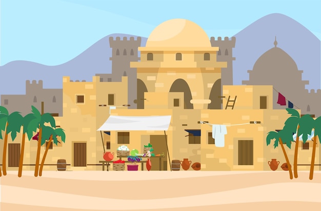 illustration of Middle Eastern cityscape with traditional houses, market and castle on the background.