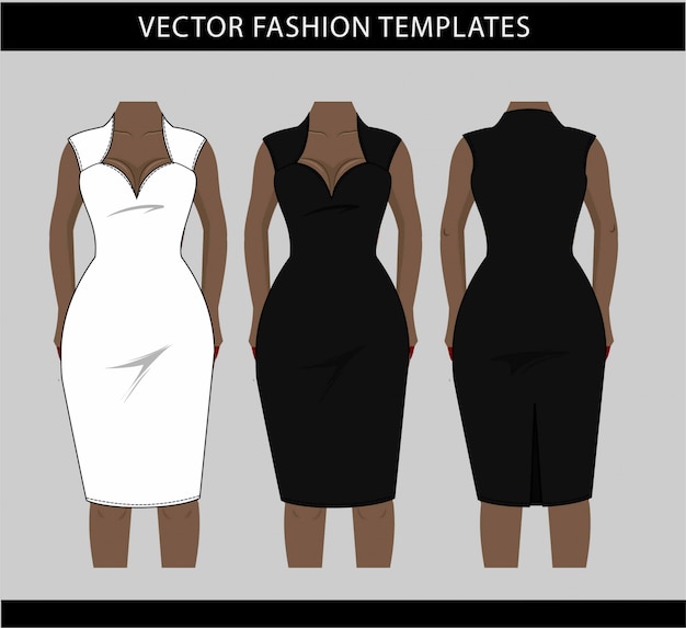 Illustration of midi dress front and back,  fashion flat sketch template