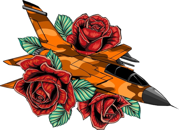 Illustration of military aircraft with roses flower