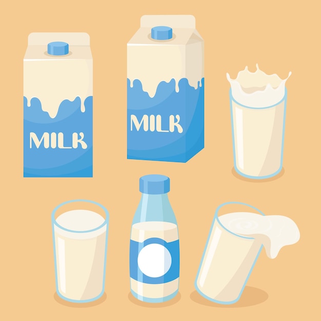 Vector illustration of milk on a glass, bottle and packaging box with spilled milk