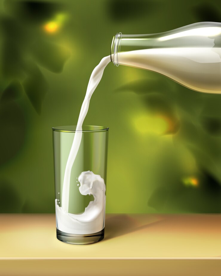 Vector illustration of milk pouring into glass from bottle on nature background