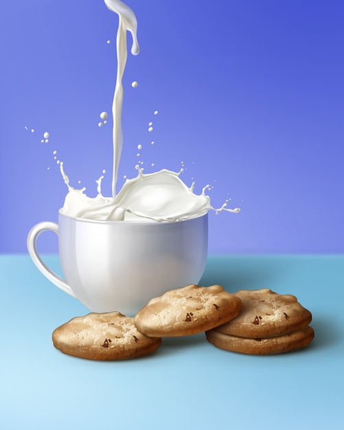 Illustration of milk puring to white cup and brown chip cookies on blue background