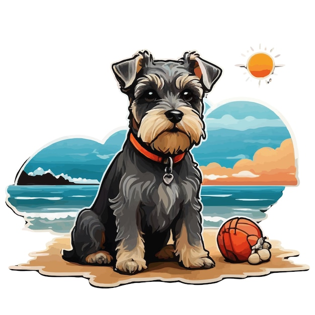 illustration of a mini schnauzer dog on the beach