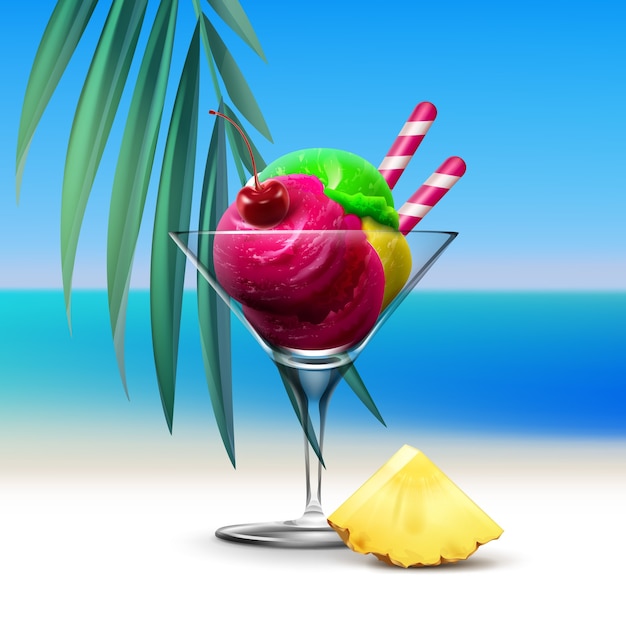 Vector illustration of mixed sundae ice cream in cocktail glass