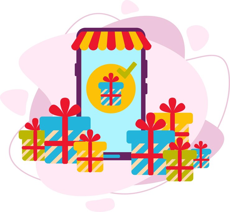 वेक्टर illustration of a mobile online store. buying gifts for the holiday. a lot of gifts behind the phone and in front of it. vector illustration in a flat style.