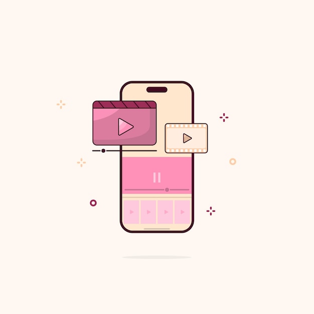 Illustration of mobile phone with online video player or streaming service phone icon