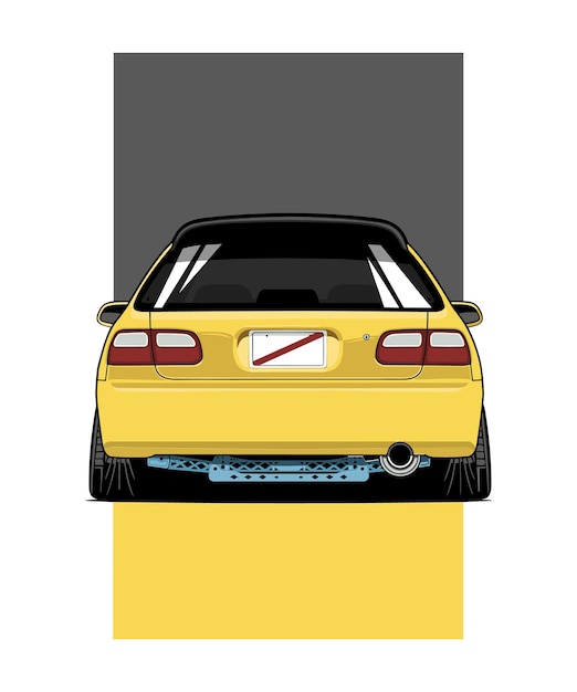Vettore illustrazione di una civic modificata con il retro giallo