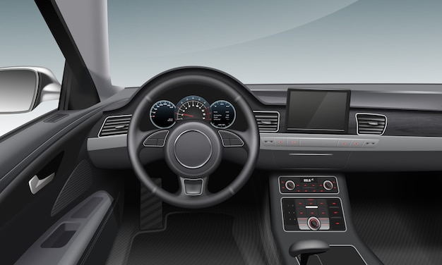 Vector illustration of modern car interior with dark dashboard and wheel inside salon