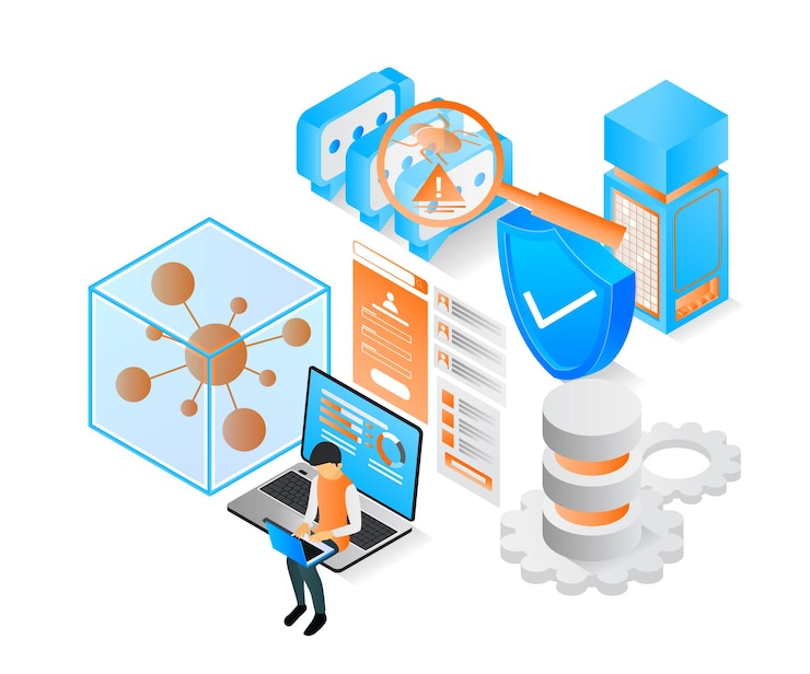 Vector illustration of modern isometric style about security data server and virus attack