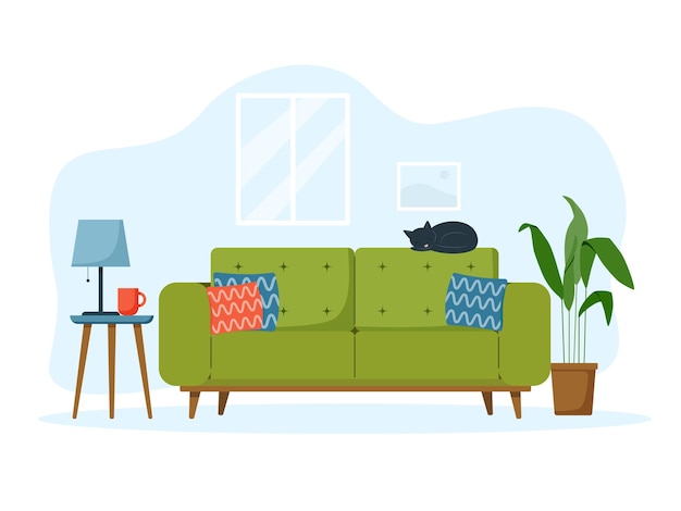 Illustration of a modern living room interior with a sofa and a side table home plant illustration