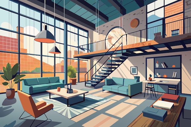 Иллюстрация современной квартиры на чердаке с высокими потолками и большими окнами с гостиной с голубым диваном и стульями, кухней с открытой концепцией