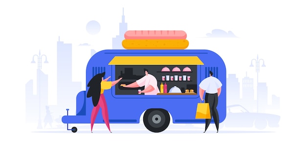 Illustration of modern man and woman buying hot dogs