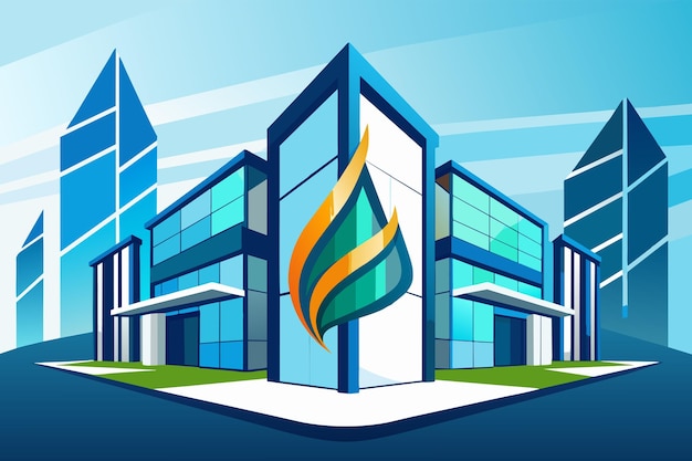 Иллюстрация современного офисного здания с красочным логотипом в виде пламени на передней стороне, окруженной другими небоскребами на фоне голубого неба