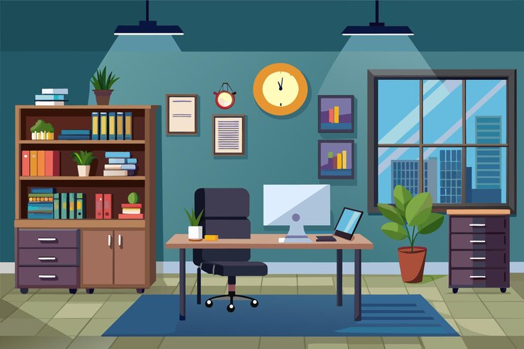 Vector an illustration of a modern office desk with a computer a bookshelf and a window with a city view