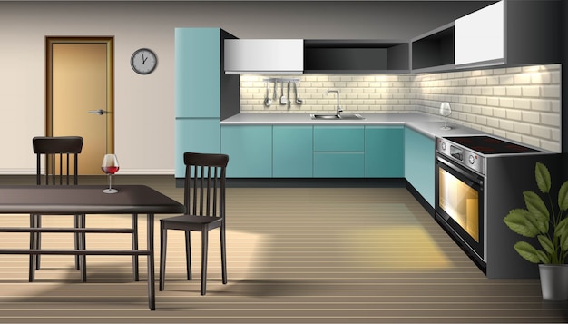 Vettore illustrazione di interni cucina moderna realistica con utensili, forno con luce, armadi, scaffali con sgabelli da bar e tavolo da bar.