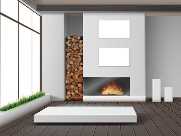 illustration of modern white living room with fireplace in eco-minimalist style