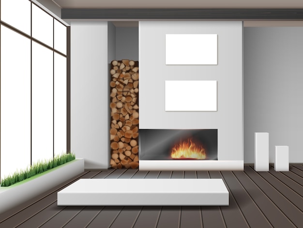 Vector illustration of modern white living room with fireplace in eco-minimalist style