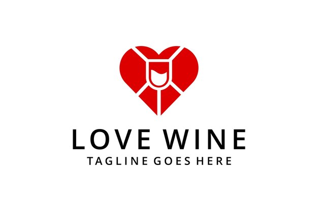 Illustrazione moderna bevanda di vetro di vino con il modello di progettazione del logo del segno del cuore