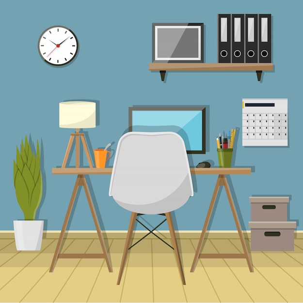 Illustration of modern workplace in room. Creative office workspace